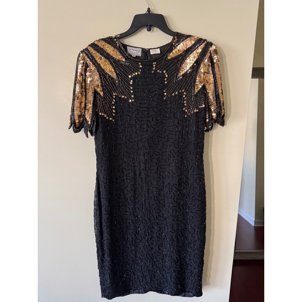 Stenay Vintage 80s Silk Beaded Sequin Dress Black Gold Art Deco Keyhole Back 8